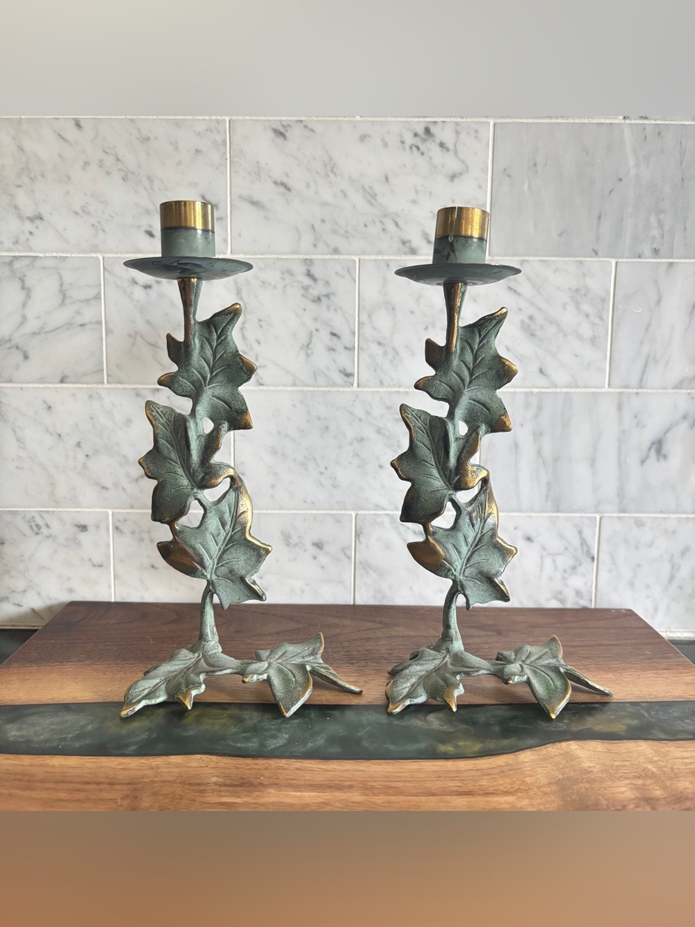 Vintage Pair of PartyLite Brass Candlestick Holders Faux Verdigris Ivy Leaf Vine